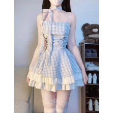 批发蓝色甜美风性感蝴蝶结小裙子吊带<b class='q'>连衣裙</b>女夏季裙子格纹<b class='q'>蓬蓬裙</b>短裙