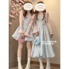 批发清纯甜美风蝴蝶结格子吊带裙<b class='q'>两件套</b>装掐腰花苞连衣裙蓬蓬裙公主裙