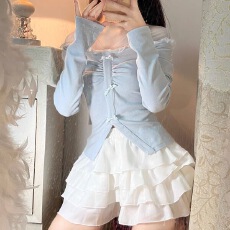 批发两件套装夏新款甜美设计感拼接长袖T恤高腰显瘦蛋糕半身裙ins