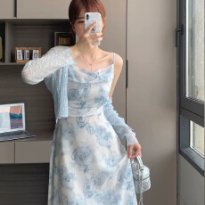 批发法式雪纺碎花吊带连衣裙套装夏季小香风针织<b class='q'>开衫</b>外套两件套<b class='q'>女</b>裙子