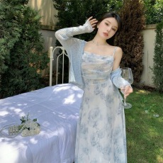 批发法式雪纺碎花吊带连衣裙套装夏季小香风针织开衫外套两件套女裙子