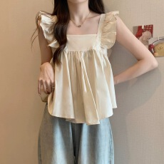 批发蝴蝶结露背无袖衬衫上衣女夏季新款甜美设计感小众木耳边别致<b class='q'>小衫</b>