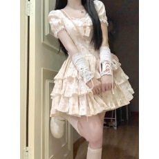 批发芭蕾风小个子碎花<b class='q'>连衣裙</b>女夏季高级感温柔收腰小飞袖蓬蓬蛋糕裙子