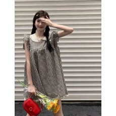 批发法式甜美坎肩<b class='q'>连衣裙</b>女夏季小个子裙子<b class='q'>娃娃</b>领格子裙飞飞袖气质短裙