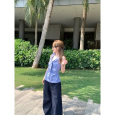 2025夏季新款法式荷叶边蓝色格子复古吊带背心女设计感无袖上衣
