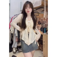 批发杏色雪纺防晒衬衫女装春夏修身<b class='q'>长袖</b>衬衣v领不规则设计感小众上衣