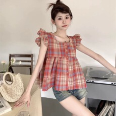 批发法式小飞袖红色<b class='q'>格子衬衫</b>小清新甜美上衣女夏别致无袖娃娃衫小个子