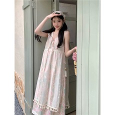 批发白色<b class='q'>连衣裙</b>女夏季2025新款甜美显瘦叠穿V领蕾丝<b class='q'>网纱</b>罩裙两件套