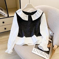 批发实拍春款新款洋气时尚百搭拼接撞色学院风假两件<b class='q'>长袖</b><b class='q'>衬衫</b>女上衣