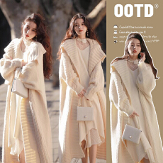 批发新品现获  秋冬新款翻领针织开衫宽松慵懒风长袖孕妇中长款外套