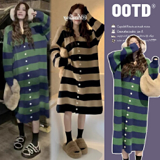 批发新品现获  秋冬新款条纹开衫中长款孕妇外套针织长款风衣