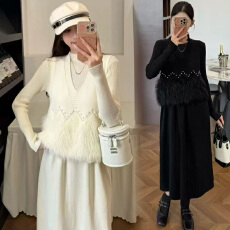 批发现获  秋冬新款淑女风马甲中长款连衣裙针织宽松孕妇两件套装