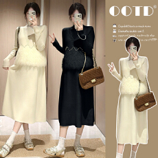 实拍 现获  秋冬新款马甲中长款连衣裙子针织宽松孕妇两件套装