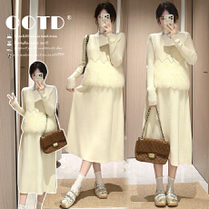 实拍 现获  秋冬新款设计感马甲长袖连衣裙宽松针织孕妇套装