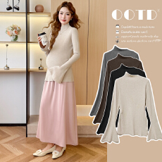 实拍 现获 秋冬新款斜肩喇叭袖宽松针织孕妇打底衫加厚上衣内搭