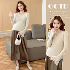 批发实拍 现获  秋冬新款蕾丝花边加厚针织孕妇打底衫长袖上衣