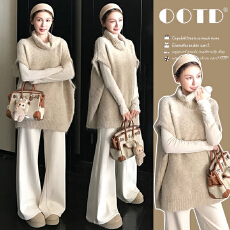 现  秋冬新款加绒阔腿裤针织马甲打底衫宽松加厚孕妇三件套装