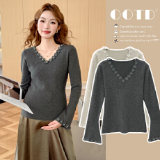 批发实拍 现获  秋冬新款设计感花朵针织孕妇打底衫长袖加厚上衣