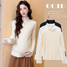 批发实拍  现现  秋冬新款设计感蕾丝拼接针织加厚孕妇打底衫上衣