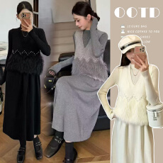 批发新品现现  秋冬新款淑女风马甲中长款连衣裙针织宽松<b class='q'>孕妇</b><b class='q'>两件套装</b>