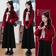 批发新品 有货 秋冬新款圣诞红色喜庆针织<b class='q'>上衣</b>吊带连衣裙加厚<b class='q'>孕妇</b><b class='q'>套装</b>