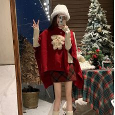 批发新品有货  秋<b class='q'>冬</b>新款圣诞新年红色斗篷毛衣加厚打底衫孕妇两件套装