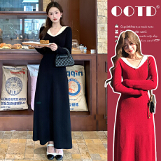 批发新品 有货 <b class='q'>秋</b>冬新款圣诞红喜庆别致中长款加厚孕妇连衣裙长裙子