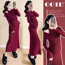 批发实拍  有货  <b class='q'>秋</b>冬新款圣诞新年红设计感加厚孕妇连衣裙长裙子