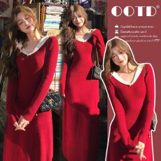 批发新品 有货 秋冬新款圣诞红喜庆别致中长款加厚孕妇连衣裙<b class='q'>长裙</b>子