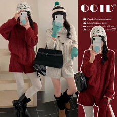 批发新品 有货  <b class='q'>秋</b>冬圣诞红色慵懒风宽松围脖针织上衣短裤孕妇三件套