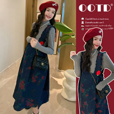 批发春装新款设计感孕妇背带裙<b class='q'>连衣裙</b>子长袖上衣孕妇两件套装