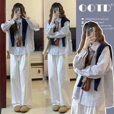 批发春装新款刺绣条纹衬衫休闲长裤休闲孕妇套装三件套