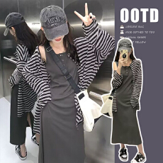 批发春装新款<b class='q'>条纹</b>外套宽松中长款孕妇连衣<b class='q'>裙</b>子休闲孕妇两件套装