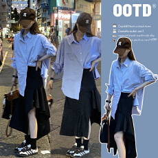 批发春装新款设计感宽松衬衫不规则半身裙<b class='q'>休闲</b>孕妇两件套装