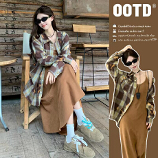 批发孕妇装春装新款<b class='q'>宽松</b>格子衬衫中长款吊带孕妇连衣裙两件套装