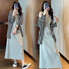 套装春装新款条纹外套+孕妇连衣裙长裙子孕妇休闲两件套装