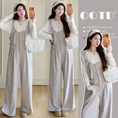 实拍  现现  春装新款蕾丝上衣设计感孕妇背带裤宽松孕妇两件套装