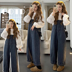 批发现  春夏新款时尚减龄<b class='q'>白</b>色衬衫宽松牛仔背带<b class='q'>裤子</b>休闲孕妇两件套装