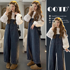 批发现  春装新款韩版长袖衬衫<b class='q'>牛仔</b><b class='q'>背带裤</b>休闲孕妇两件套装