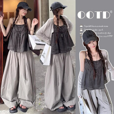 批发现 春夏新款防晒开衫吊带上衣<b class='q'>宽松</b>阔腿裤休闲孕妇三件套装薄款