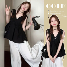 批发新品 现现  夏装新款设计感V领上衣<b class='q'>宽松</b>阔腿裤子休闲<b class='q'>孕妇</b><b class='q'>两件套装</b>