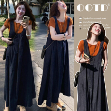 批发有货  夏装新款宽松中长款背带裙孕妇连衣裙短袖t恤孕妇<b class='q'>两件</b>套装