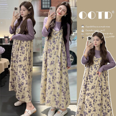 现  春夏新款设计感中长款孕妇连衣裙长袖t上衣休闲孕妇两件套装