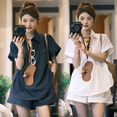 有货   夏装新款松弛感短袖衬衫短裤休闲孕妇两件套装