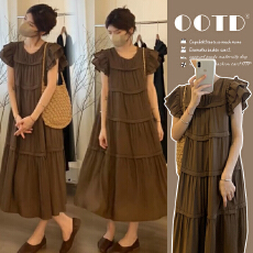 批发有货    夏装新款韩系设计感飞飞袖层次感<b class='q'>孕妇</b><b class='q'>连衣裙</b>短袖长裙子