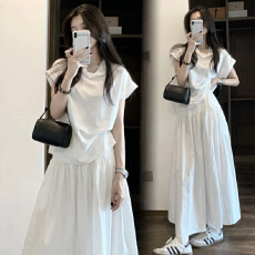 批发有货   夏装新款堆堆领短袖<b class='q'>上衣</b>宽松半身裙休闲孕妇两件套装