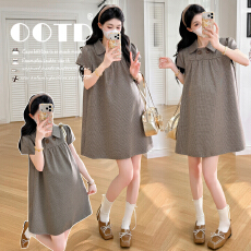 批发实拍 现 夏装新款复古格纹翻领<b class='q'>中长款</b>孕妇连衣裙子女夏季超火短裙