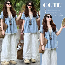 有货  夏装新款设计感假两件上衣提花镂空直筒裤子孕妇两件套装