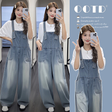 批发新品 现  夏装新款宽松牛仔背带<b class='q'>裤</b>夏季薄款短袖休闲孕妇两件<b class='q'>套装</b>