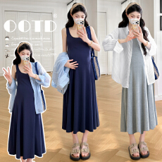 实拍 有货 夏装新款条纹防晒衬衫宽松背心连衣裙子孕妇两件套装